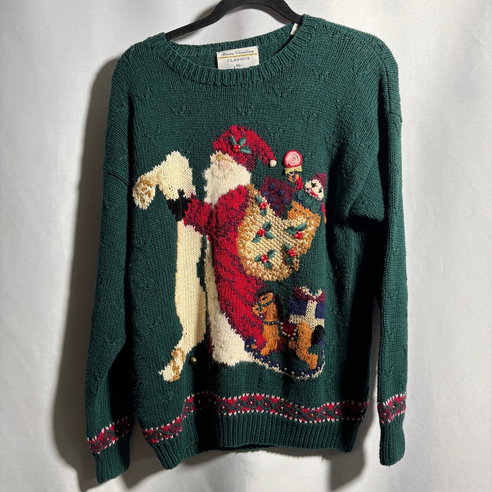 Marisa Christina Classics 1994 Vintage Santa Christmas Sweater‎ Green Beaded SEE
